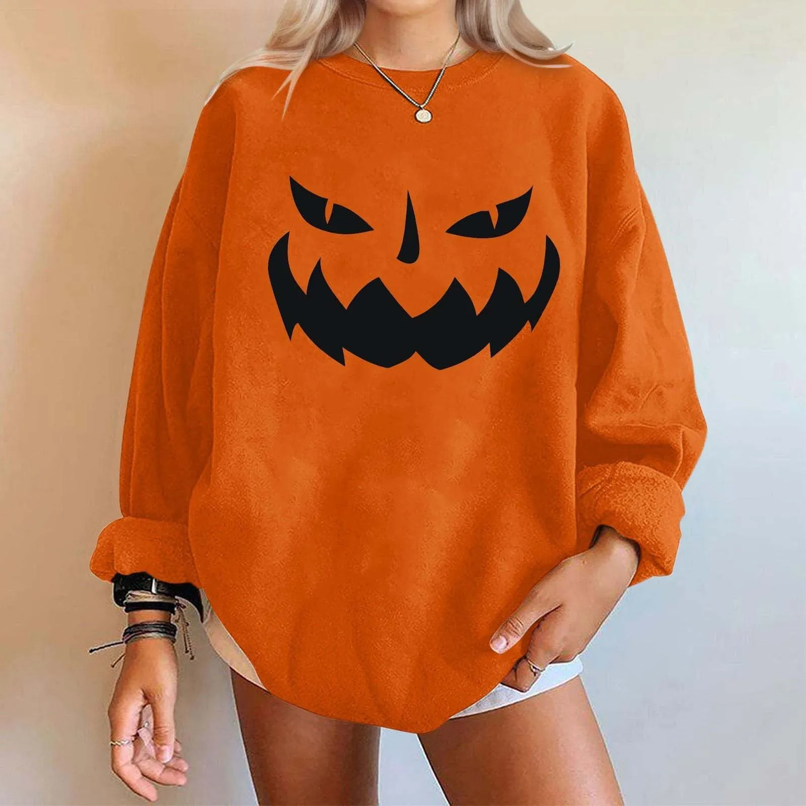 

Women Funny Pumpkin Long Sleeve Hoodie Casual Pullover Tops Crewneck Halloween lantern sleeves Hoodies Casual Knit Y2K Clothes