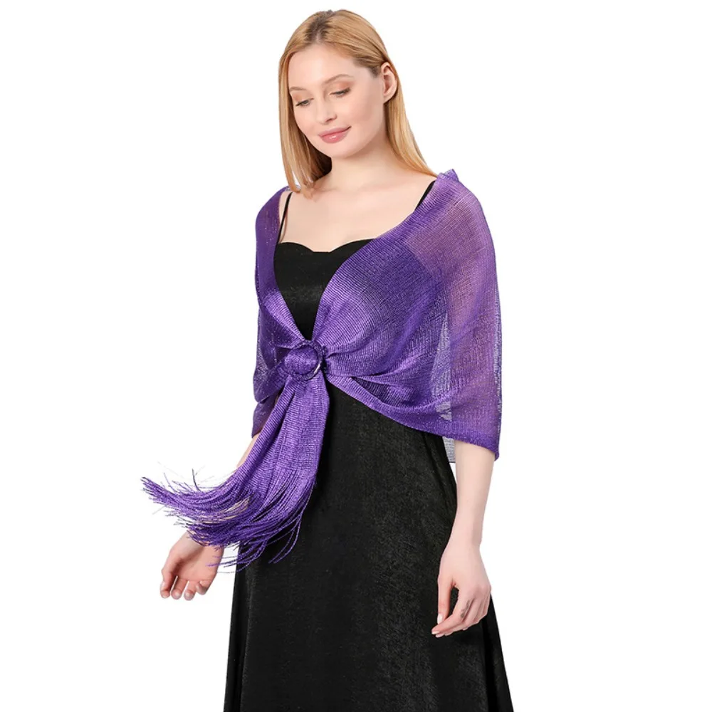 Fashion Bridal Sparkling Metallic Scarf Wedding Party with Buckle Evening Dresses Shawl Bridesmaid Gold Silver Shiny Shawls view 3