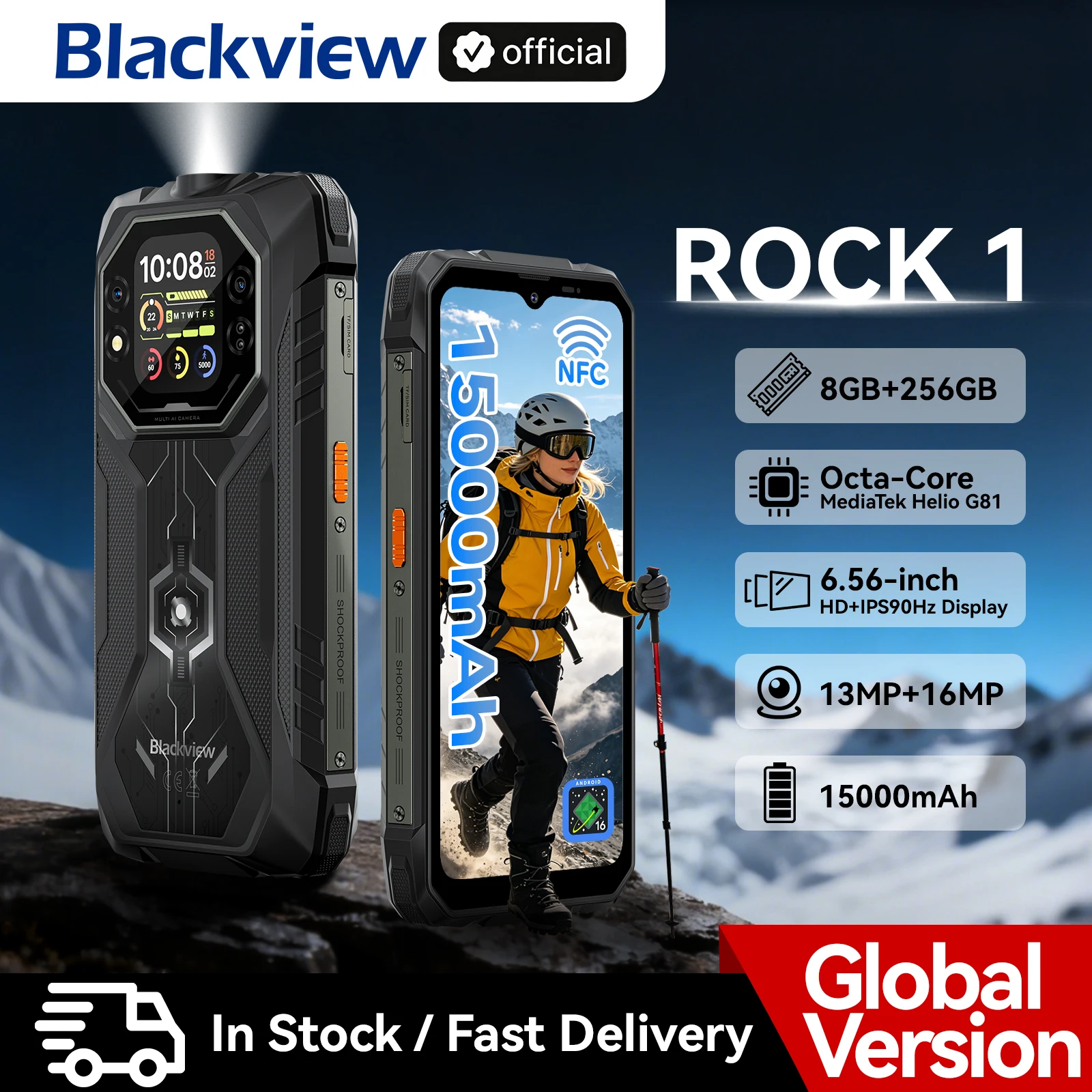 Blackview Rock 1 Ai, Teléfono Inteligente Resistente, Pantalla De 6.56 Pulgadas Y 90Hz, 256Gb, Mediatek Helio G81, 4G, Android 16, Nfc, Linterna, 15000Mah/33W — -50%, 378.39€ Coupon, from 378.39€ – 50% descuento – €378.39