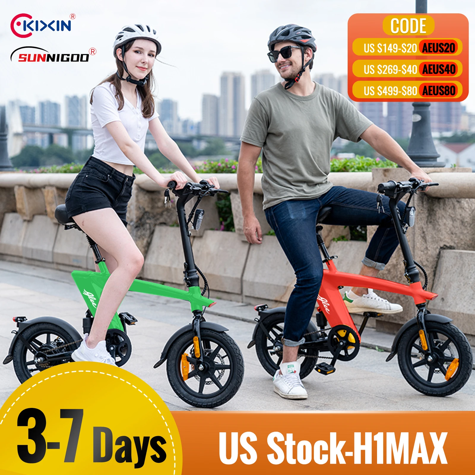 KIXIN SUNNIGOO Electric Fat Tire Bike 20MPH For Adults 40Miles Pedal-Assist 360Wh IPX6 Removable Battery 14