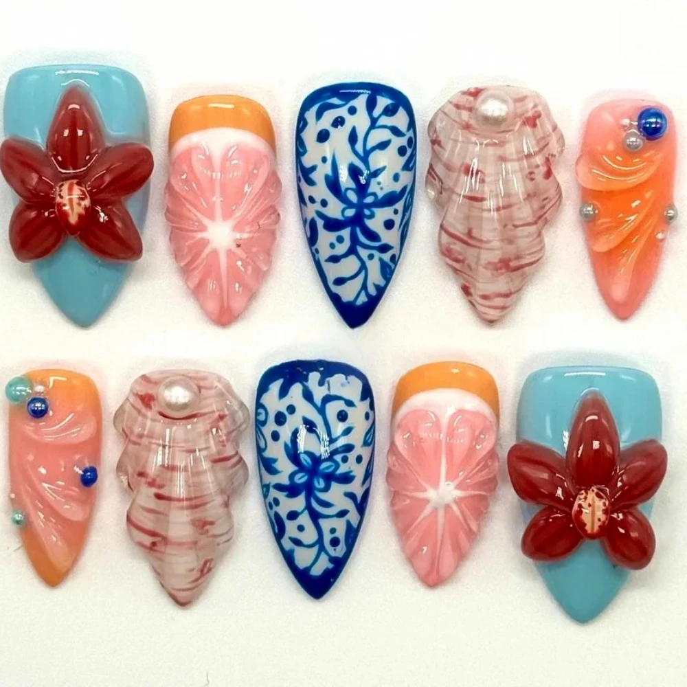 

10Pcs Luxury 3D Press On Nails Medium Almond Design Acrylic False Nails ABS Artificial Fake Nails DIY Manicure with Set