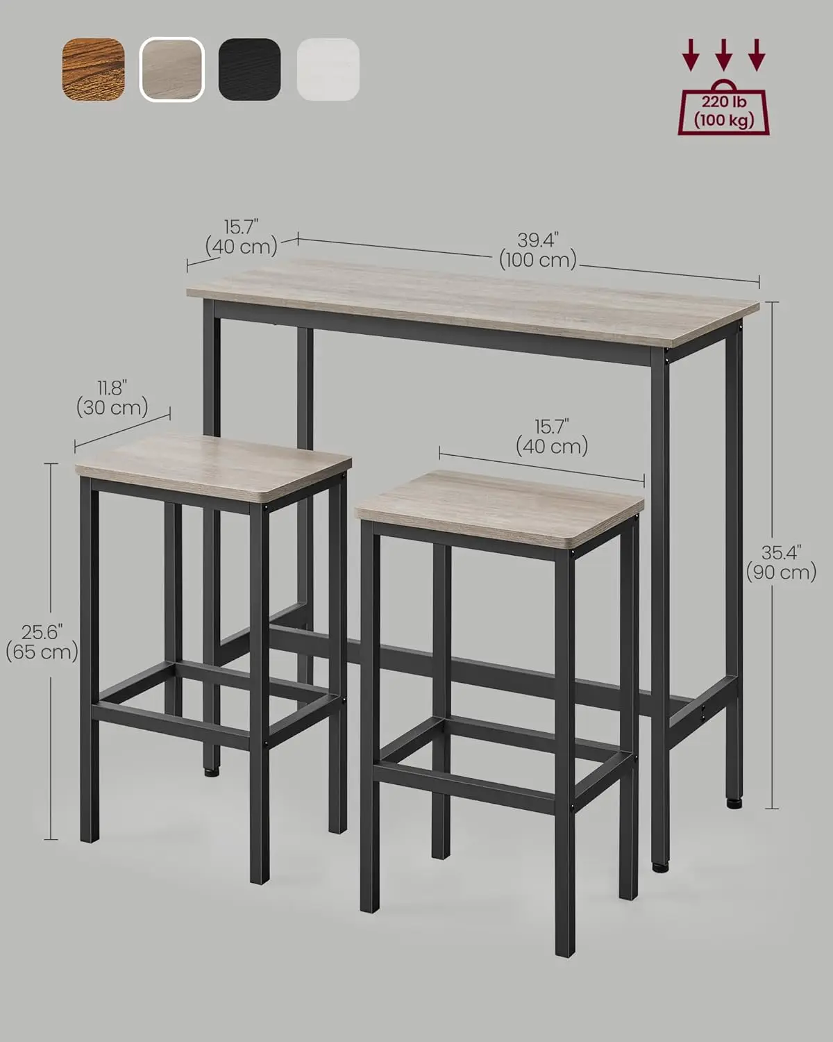 Juego de sillas de comedor, mesa de altura con taburetes, 2 marcos de acero, Industrial, brezo, Greige y tinta negra