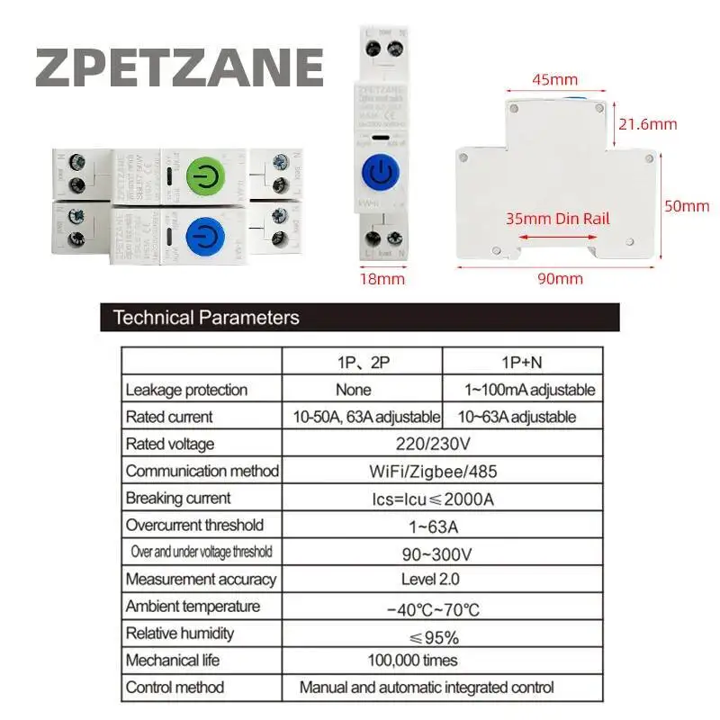 TUYA Zigbee Wifi MCB Smart Circuit Breaker 50A Over Current Under Voltage Protection Power Metering 1-63A Remote Control Switch