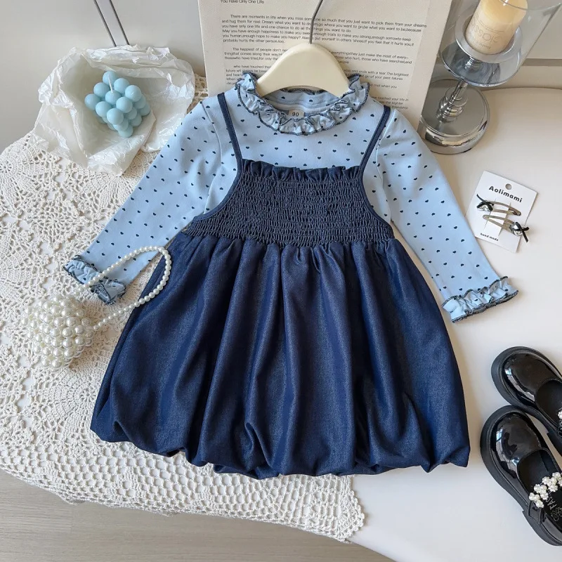 

2025New Autumn Fashionable and Stylish Strap Dress for Baby Girls+Long Sleeve Base Shirt Two-Piece Set