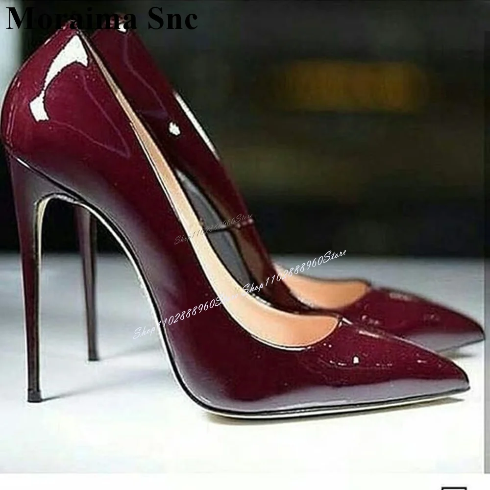 Sexy Style Burgundy Patent Leather Shallow Pumps Stilettos High Heel Women Shoes Slip-On Pointed Toe 2024 Zapatos Para Mujere