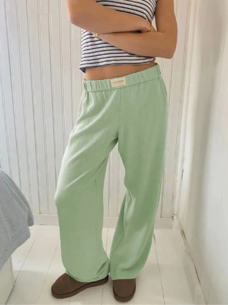 Fashion Cotton Pocket Loose Pants Women\'s Summer Straight Leg Pants Mid Waist Elastic Wide Leg Pants