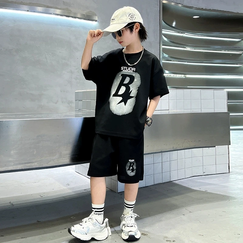 Boys Cotton Clothing Set Summer New Short Sleeve Print Letter Tops Shorts 2Pcs Sport Suit For 4-14 Years Teens Kids Clothes  789