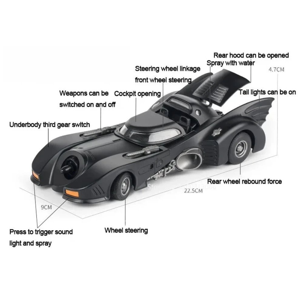 1:24 Batmobile Spray Car Model Toy Doors Opened Alloy Diecast Classic Movie Models Toys Shock Absorption Cars Gifts for Friends