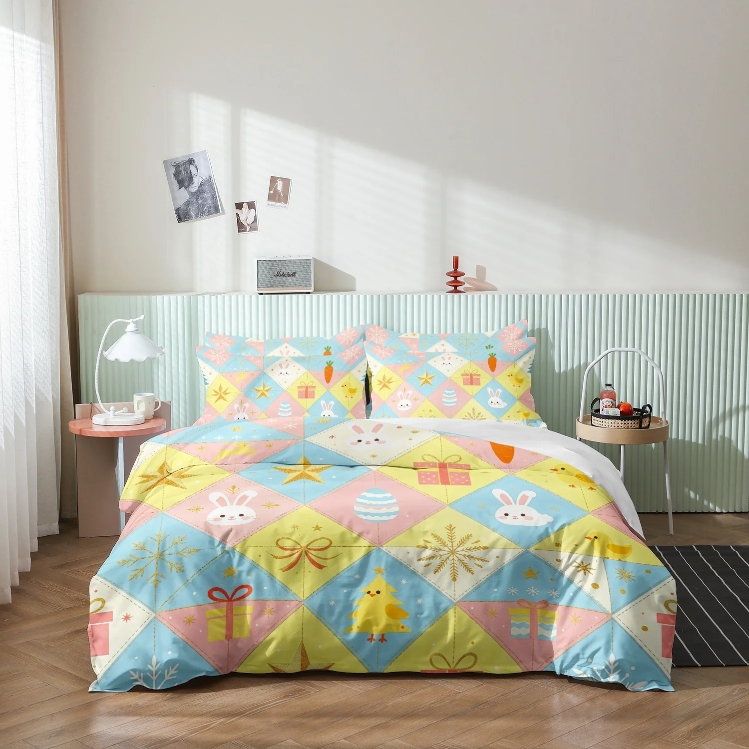 3Pcs Cute Bunny Chick Egg Gift Snowflake Diamond Print Duvet Cover Set, Pastel Patchwork Bedding, Soft Microfiber Bedroom Decor