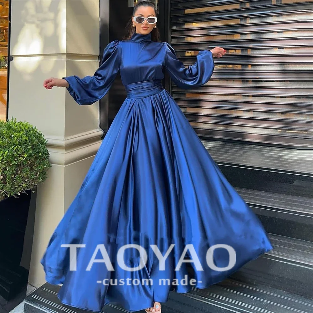 

Customized Blue Satin Evening Dresses High Neck A-Line Long Puff Sleeves Formal Prom Dress Bridesmaid Party Gowns For Wedding