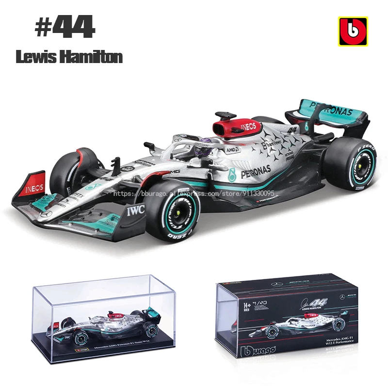 Bburago-coche de fundición a presión para niños, juguete de coche de aleación de lujo, versión acrílica, 1:43, 2022, F1, mercedes-amg, W13, #44,