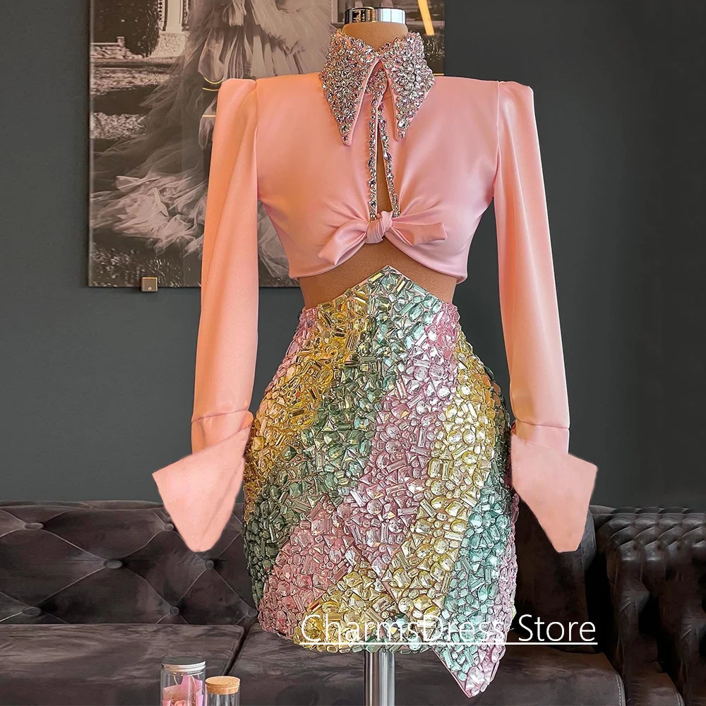 Exquisites Abendkleid, maßgeschneidert, hoher Kragen, lange Ärmel, Kristallstein, zweiteiliges Cocktail-Partykleid, Ballkleider