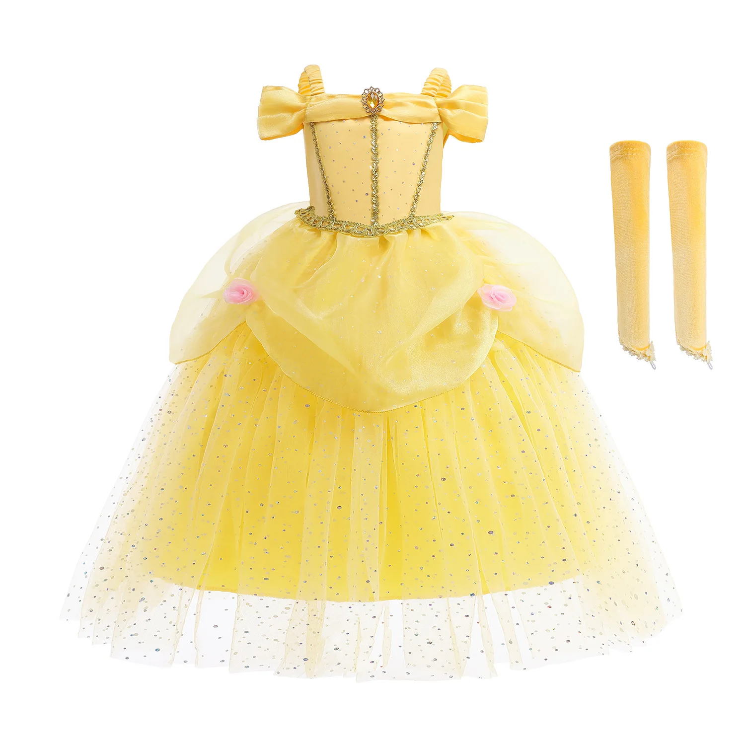 Girl Belle Princess Cosplay Costume Children Off Shoulder Lace Sequin Frocks Children Summer Fulffy Elegant Gown Kids Outfits