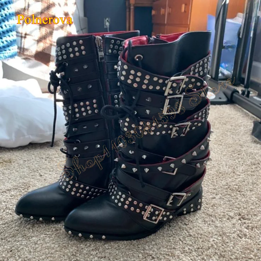 Studded Buckle Leather Boots,Pointed Toe Thick Heel Lace Up Boots Side Zip Camping Hiking Boots 2023 New Zapatos Para Mujere