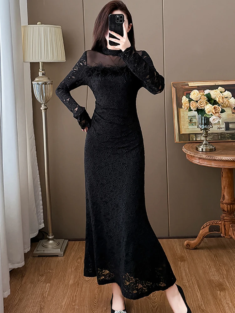 2025 Zwart Kant Patchwork Mesh Sheer Sexy Lange Jurk Vrouwen Elegante Luxe Verstoorde Prom Jurk Herfst Winter Koreaanse Bodycon Jurk