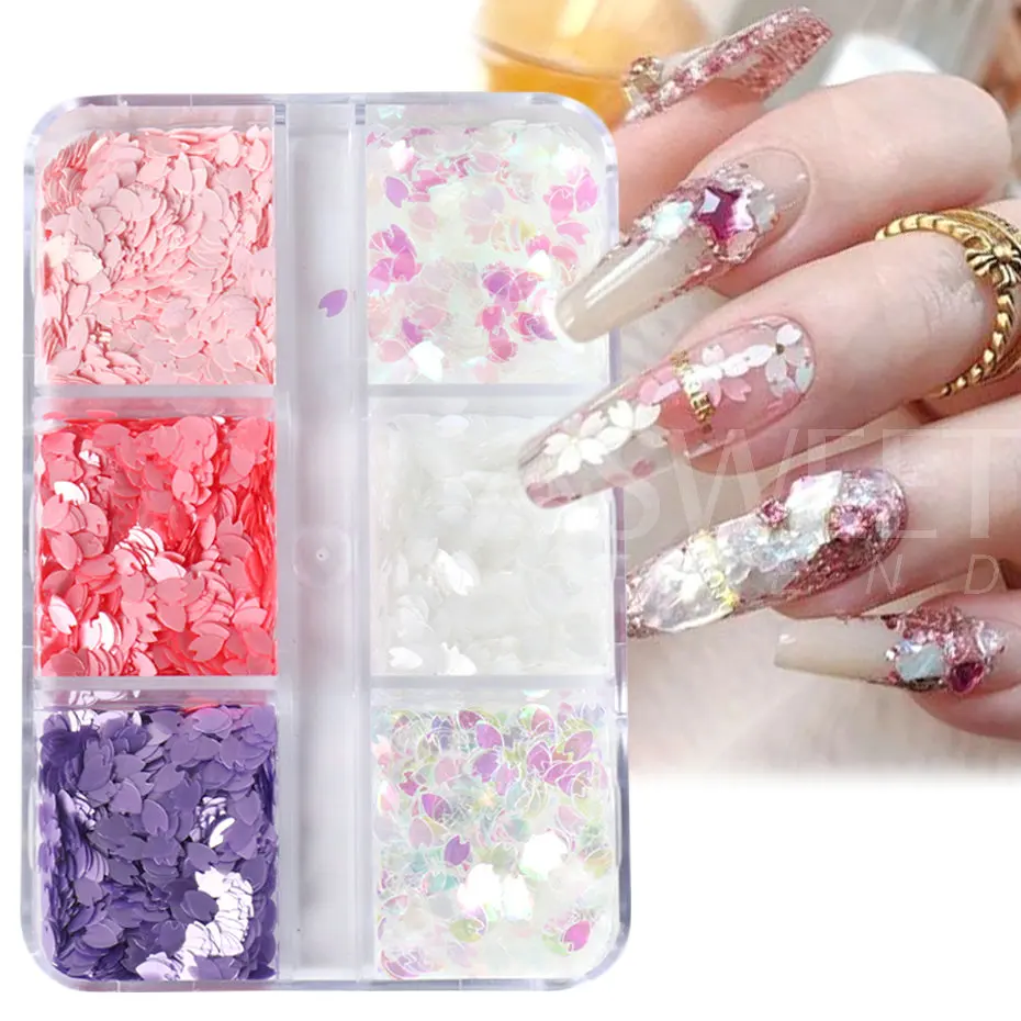 Sakura Flower Petals Nail Sequins White Pink Cherry Blossoms Glitter Flakes DIY Kawaii Manicure Paillette Nail Decoration BES128