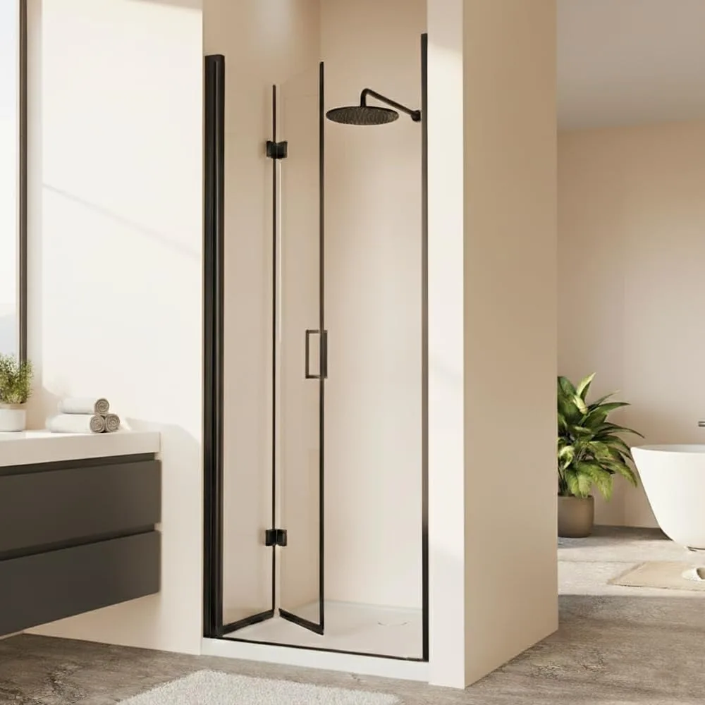 30 Inch Pivot Shower Door Semi-Frameless Swing Hinged Bi-Folding Tempered Glass Cubicle Black