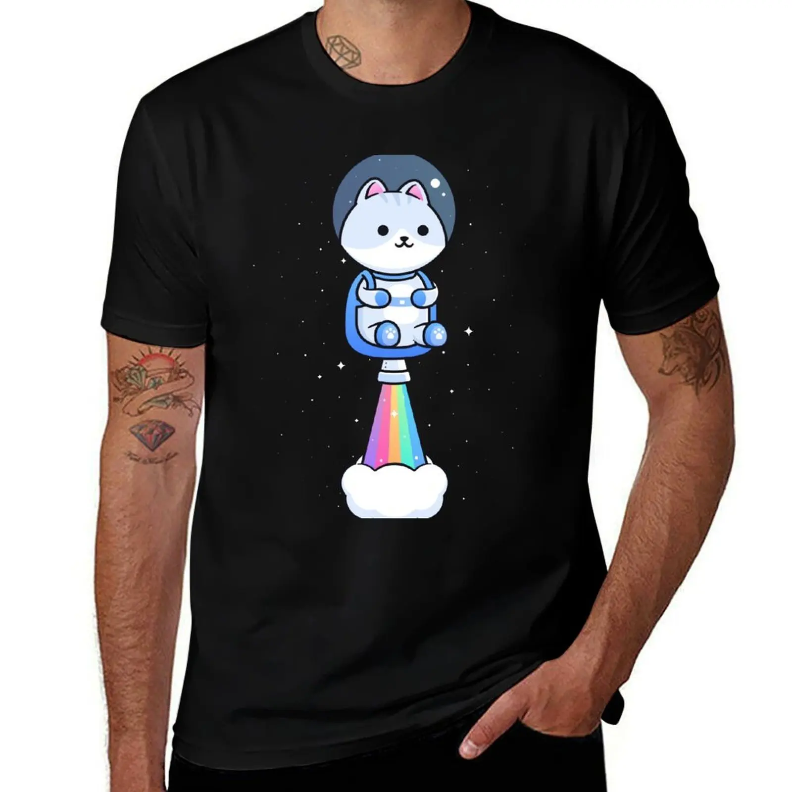 Camisetas espaciales Kawaii, un paquete, informal exterior con camiseta para Jetpack, hombre blanco, camisa de hombre arcoíris, camiseta de gato en astronauta