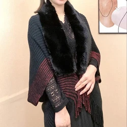 Fashion Cardigan Cape Cloak Faux Fur Collar Plush Wraps Knitting Shawl Spring And Autumn Women Sweater Jacket Coat Cape