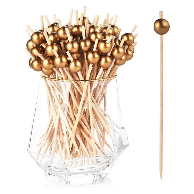 100 Pcs Cocktail Picks, Gold Pearl Fancy Toothpicks for Appetizers, Wooden Food Picks Skewers for Food, Drinks, Fruits Party