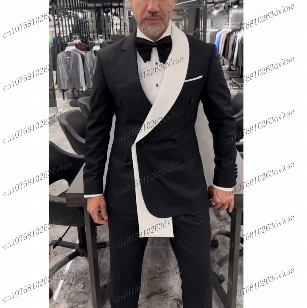 

New Black And White Business Men Suit Groom Groomsman Wedding Party Prom Formal Occasion Male Tuxedos 2 Piece Set Blazer Pants
