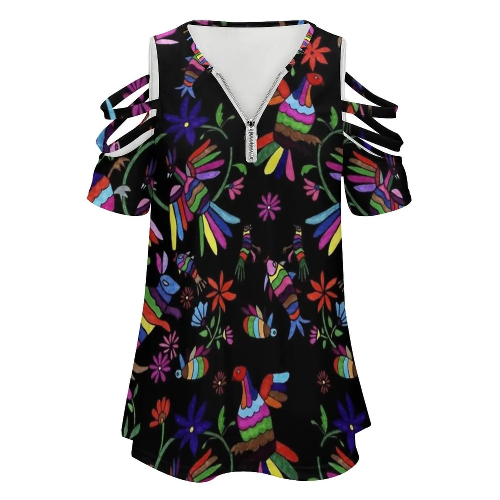Mexican Otomi Knitted Animals New Fashion Zip Off Shoulder Top Short-Sleeve Women Shirt Mexican Folk Traditional Animals Colour