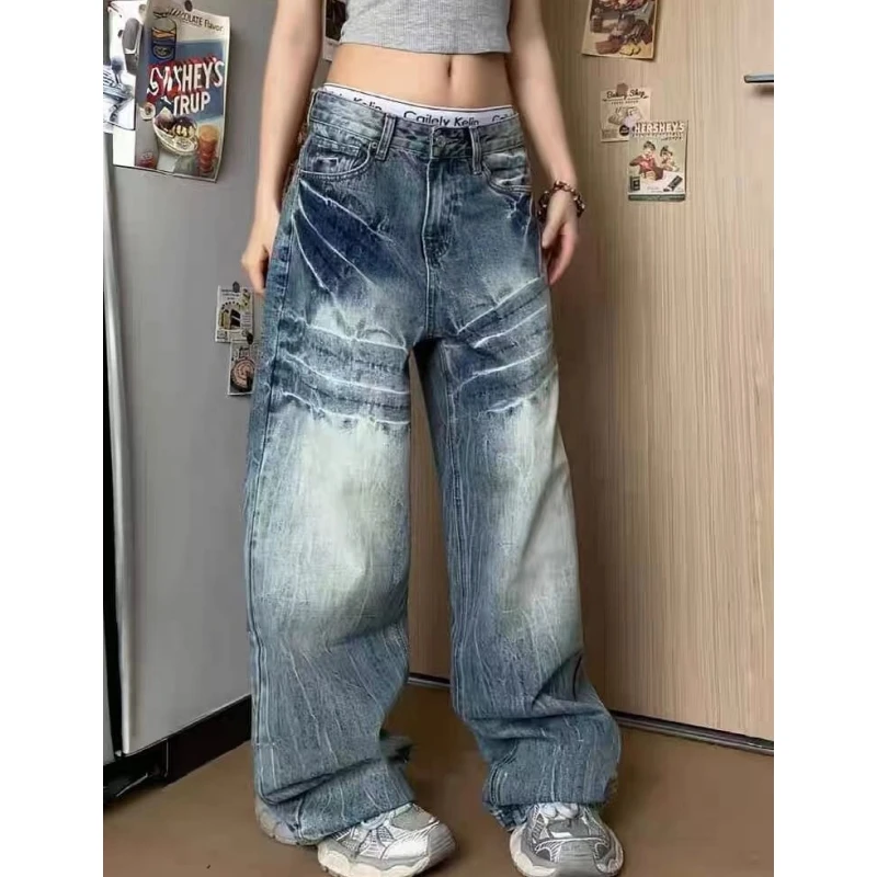 

American Style Gradient Casual Sweatpants Fashion Autumn 2024 Blue Straight Pants Streetwear High Waist Baggy Female Trouser