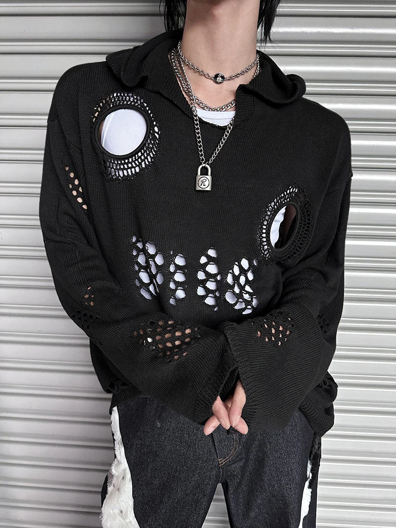 Men's Trendy Sweaters Hoodies Jackets 2025 Autumn Winter New Fashion Versatile Hooded Knitted Tops Loose Hole Pullover Knitwears