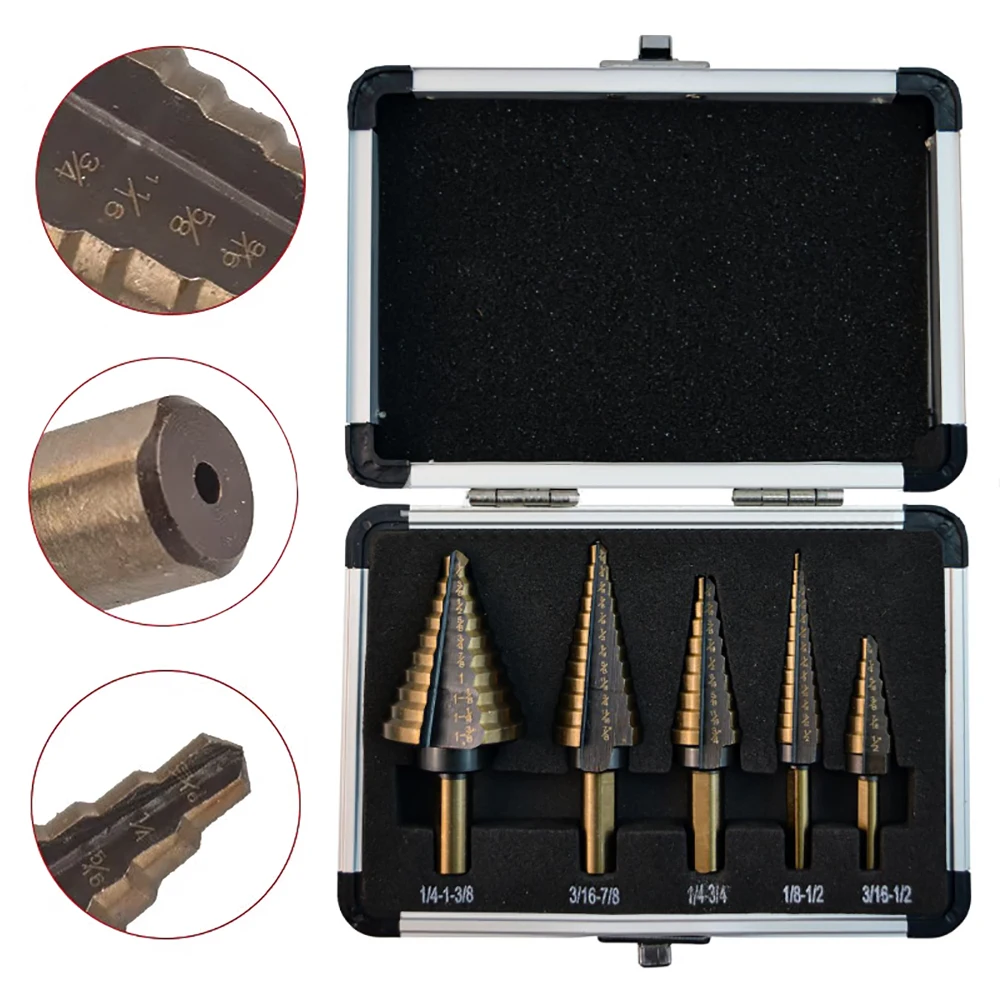 

5Pcs Step Drill Bit Straight Groove Pagoda Hole Cutter Metal Cone Drill Bit Hole Opener 3/16" 1/2" 1/4" 3/4" 1-3/8" 7/8" 1/8"