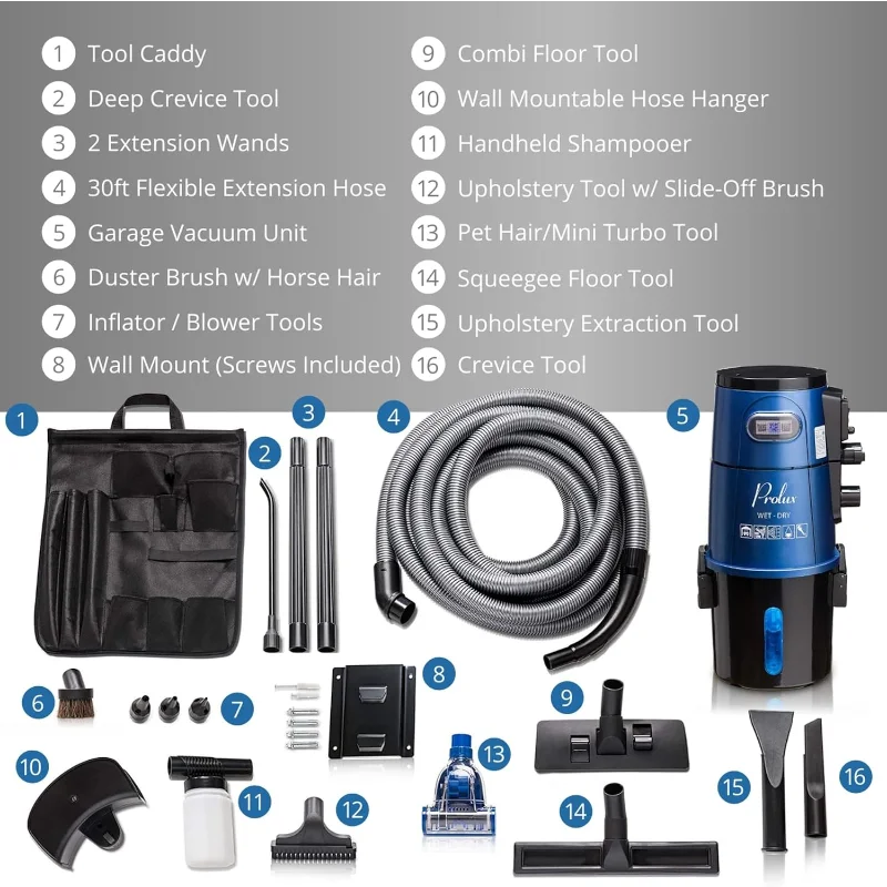 Prolux Professional Shop Azul Montado na Parede Garagem Vac, Captador Seco Molhado