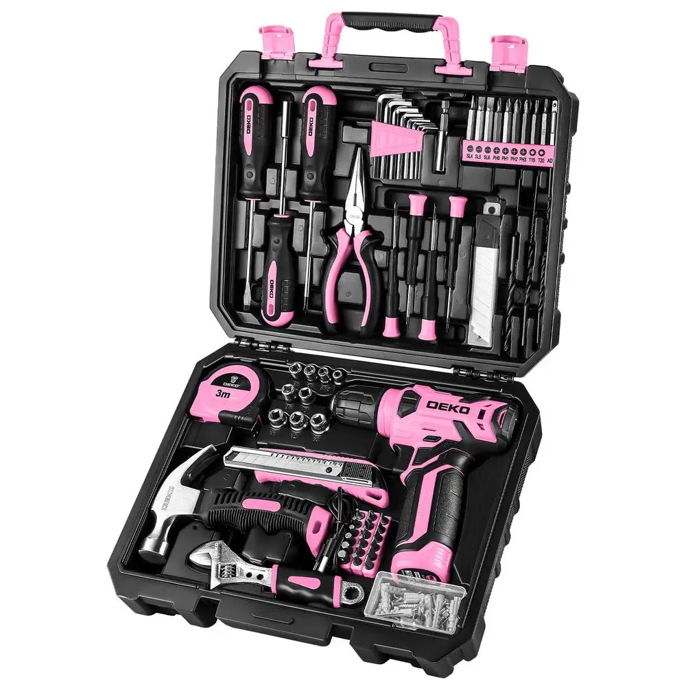 Cordless Drill Set 8V Pink Alloy Steel Home Tool Kit 126 Piece Women Hand Tool Kits Drill Combo Kit Mini Drill Set Led Light