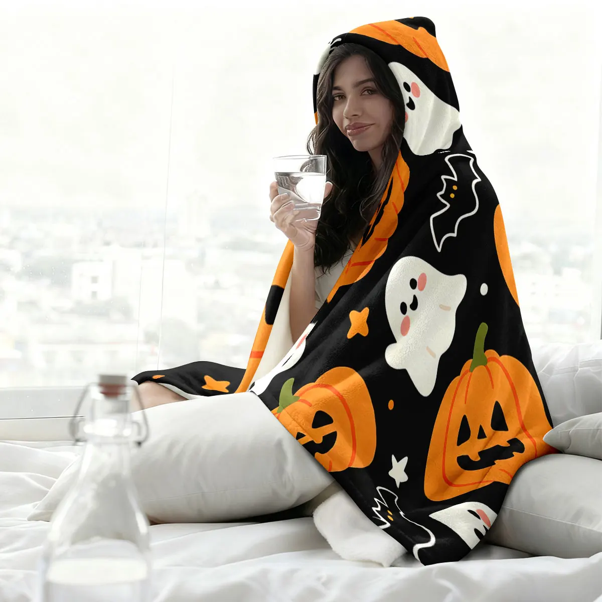 1pc Halloween pumpkin ghost bat spider print hooded blanket flannel hoodie cape blanket, soft and casual  blanket - view 5