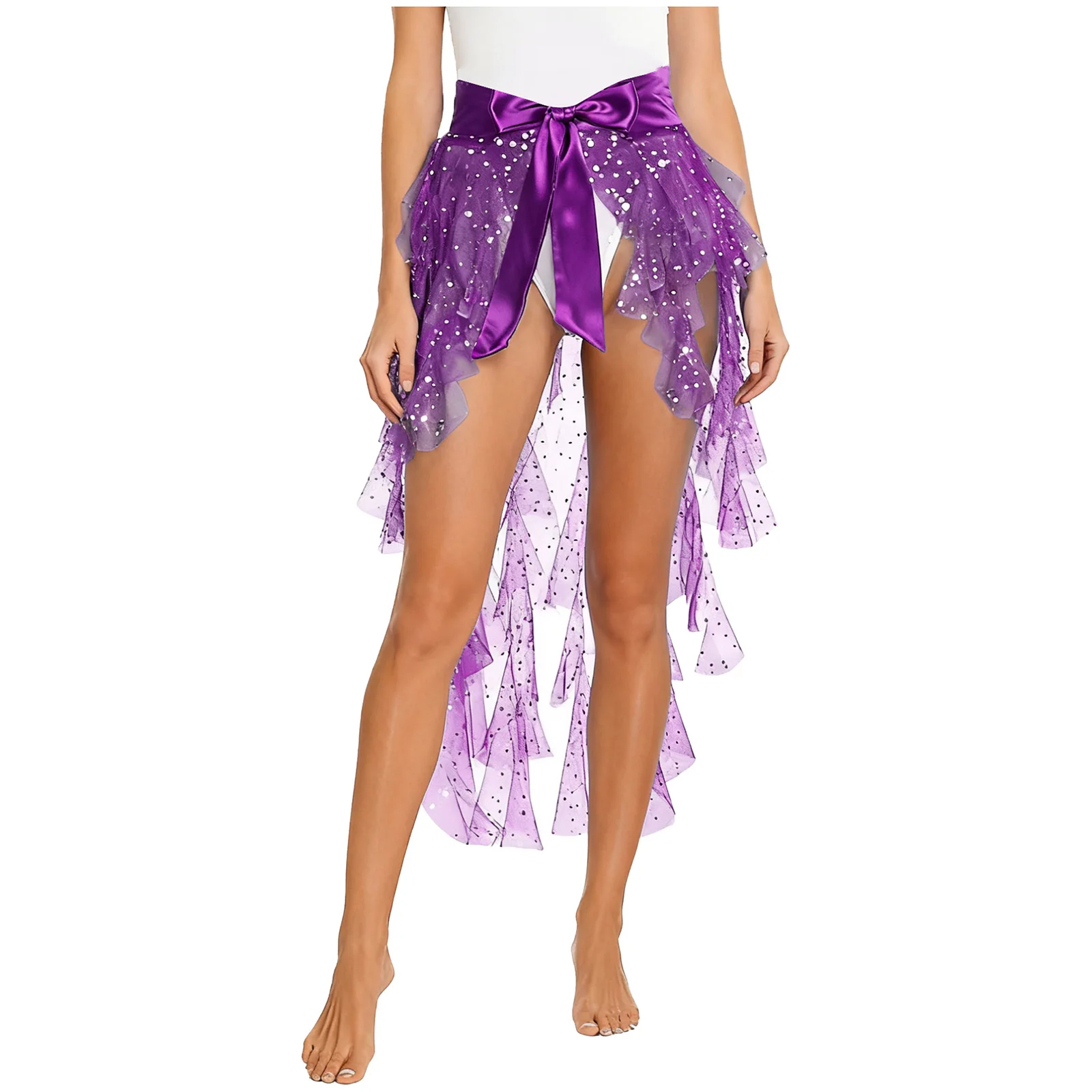 

Womens Belly Dance Hip Scarf Cascading Ruffles Sequined Tulle Tiered Split Hem Belt Waist Skirt Chacha Latin Tango Dance Costume