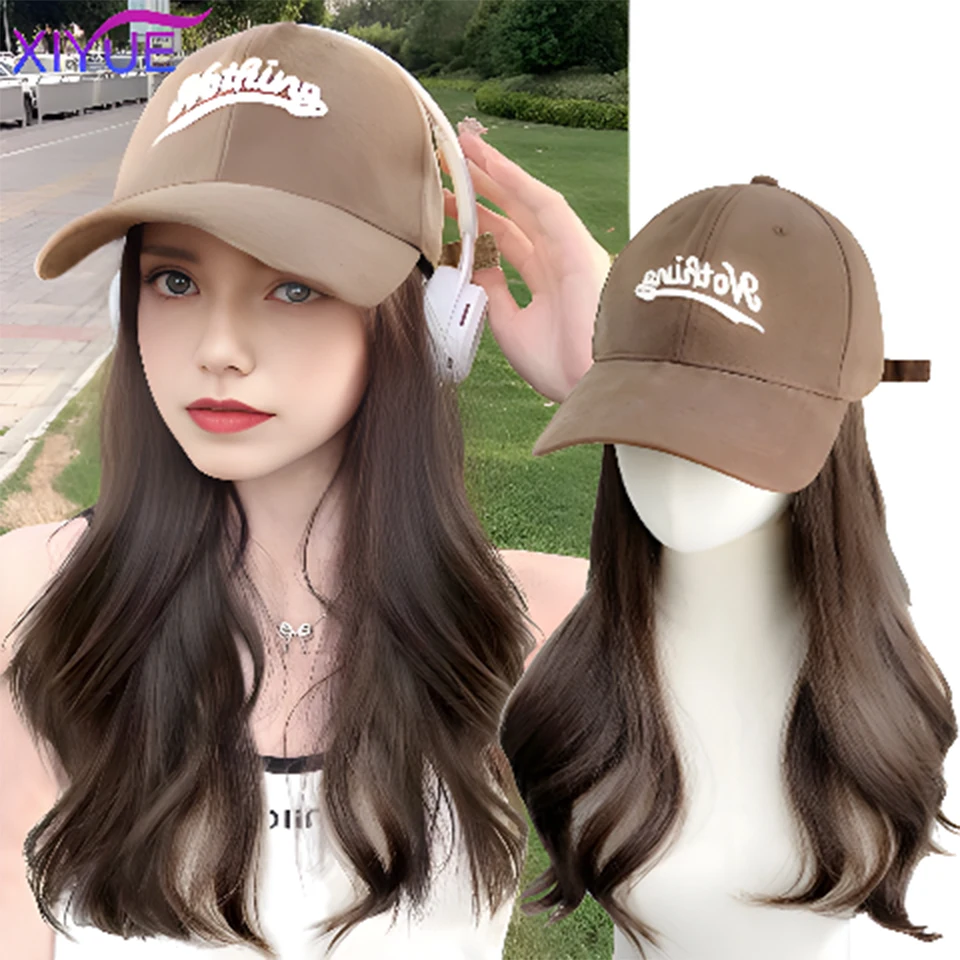 XIYUE  Hat wig female long hair one piece female fashion lazy slightly curly hair baseball cap wig full head cover