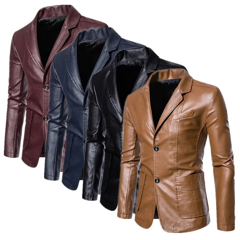 2023 New Men Business Casual Leather Jacket Black / khaki Fashion Men\'s Suit Collar Coats Large Size 5XL Slim Fit Top