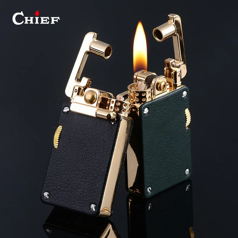 

Leader Alloy Retro Grinding Wheel Windproof Rocking Arm Kerosene Lighter Classic Carved Leather Personalized Gift for Boyfriend