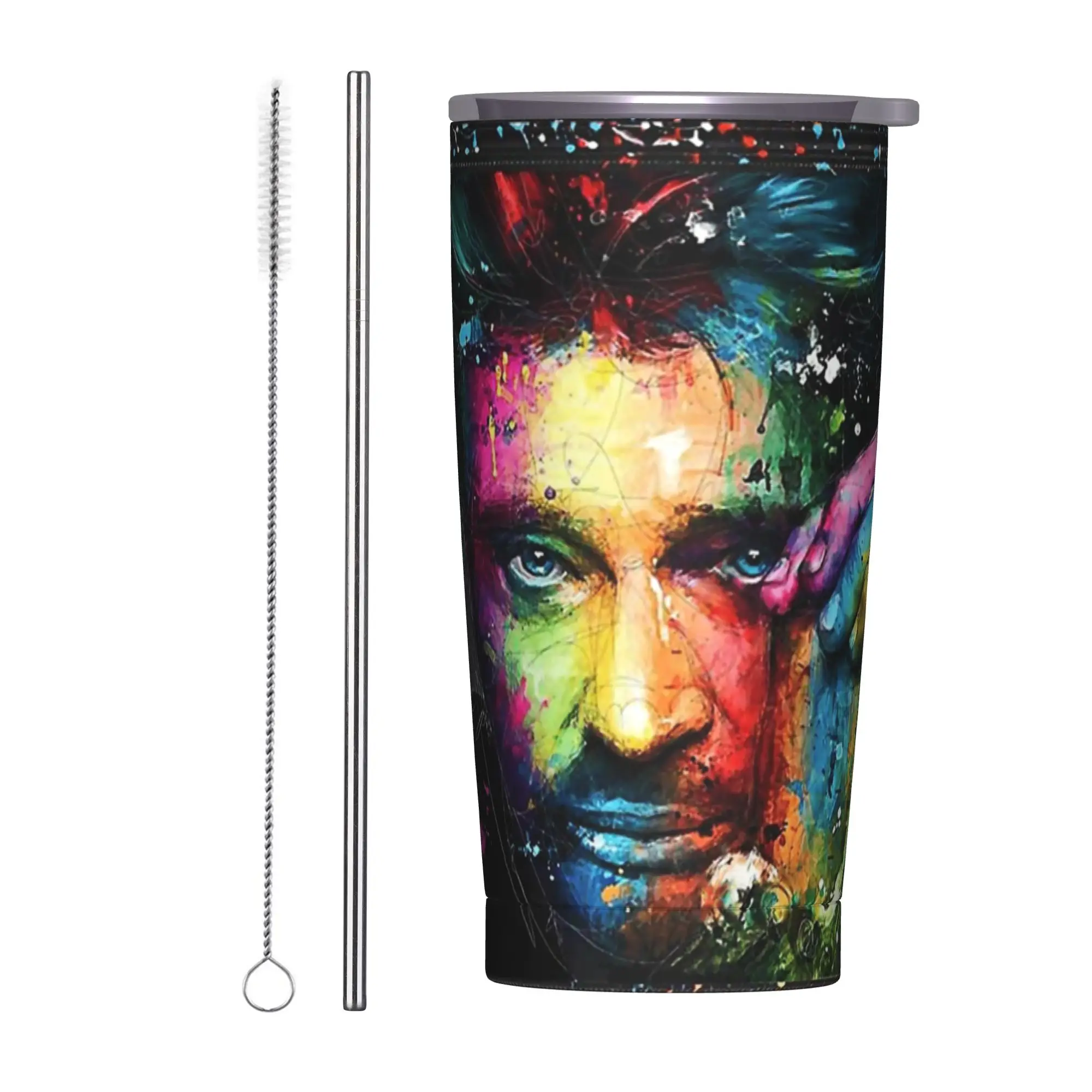 Johnny Hallyday Insulated Tumbler with Straws Lid Rock Music French Singer Vacuum Thermal Mug Office Home Car Bottle Cups, 20oz