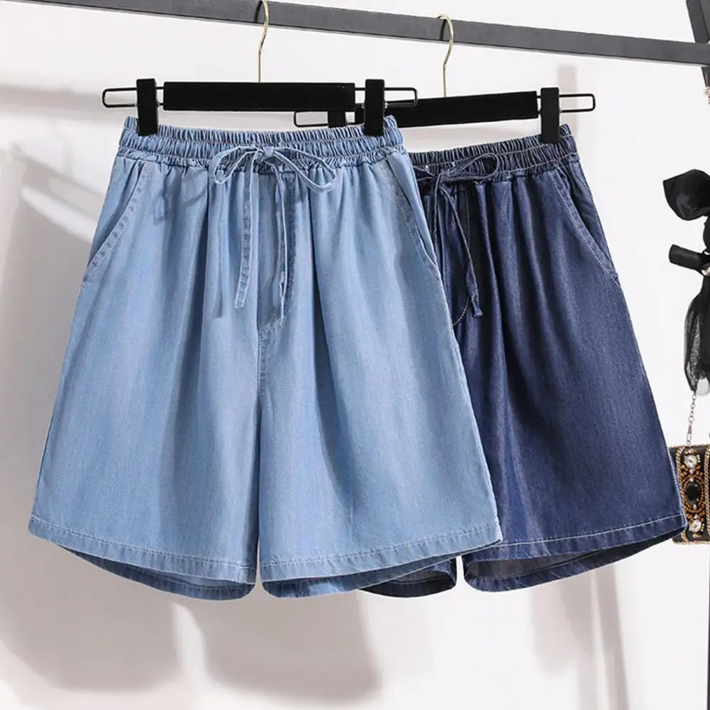 Women Summer Wide Leg Shorts High Waist Elastic Waistband Drawstring Pockets Solid Color Knee-Length Trousers Wide Leg Pants