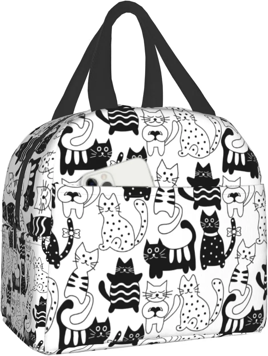 Black Cat Lunch Box Cartoon Kitten Insulated Cooler Lunch Bag Small Tote Lunchbox for Adults Kid Work Picnic Office