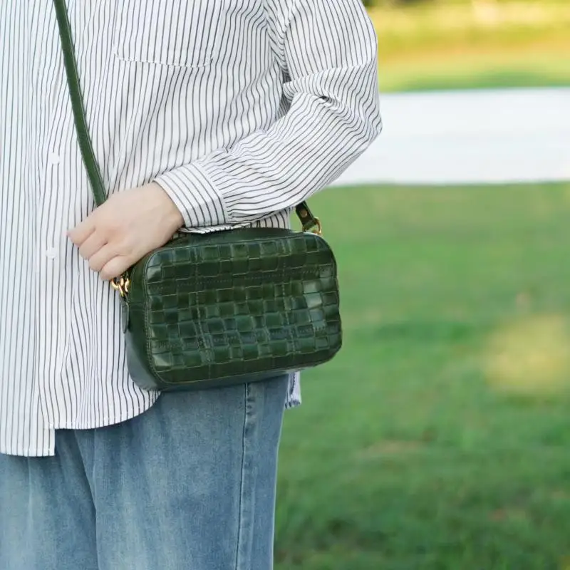 

vintage fashion handmade genuine leather woven women's messenger bag outdoor casual luxury real cow leather ladies shoulder bag