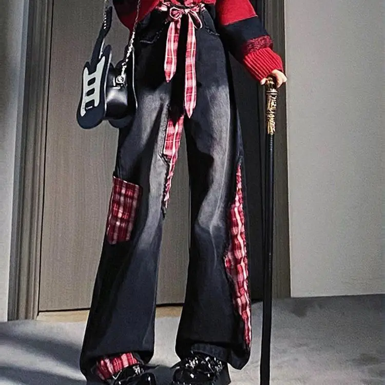 Retro preto arco cinta xadrez retalhos jeans para design feminino outono e inverno, nicho solto calças de perna larga