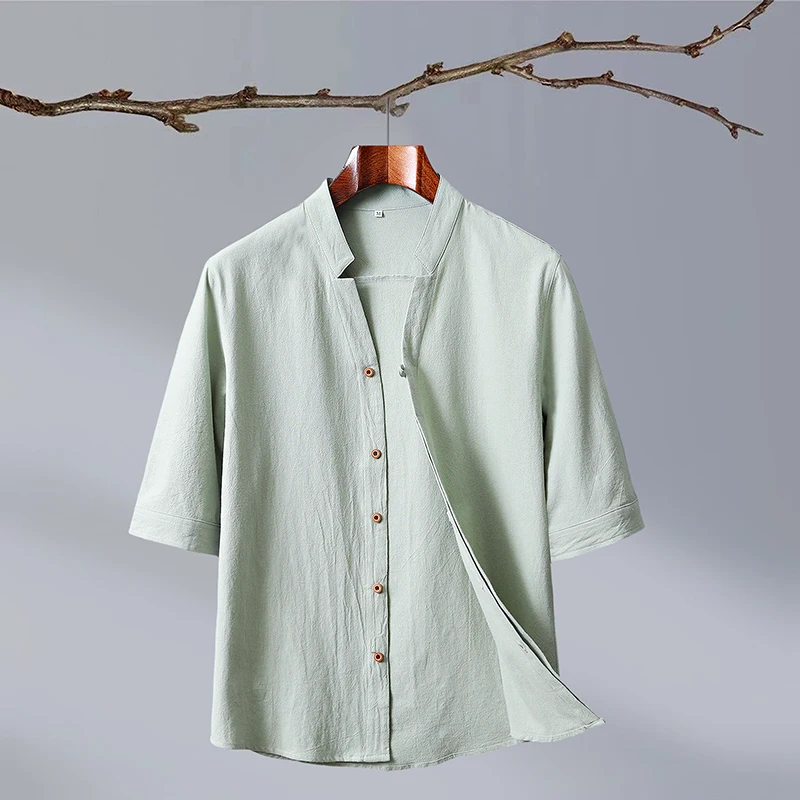 New Fashion Cotton Linen Crepe Pure Color Matching Outdoor Travel Trend Chinese Style Men\'s Sleeved Shirt Casual Matching Shirt