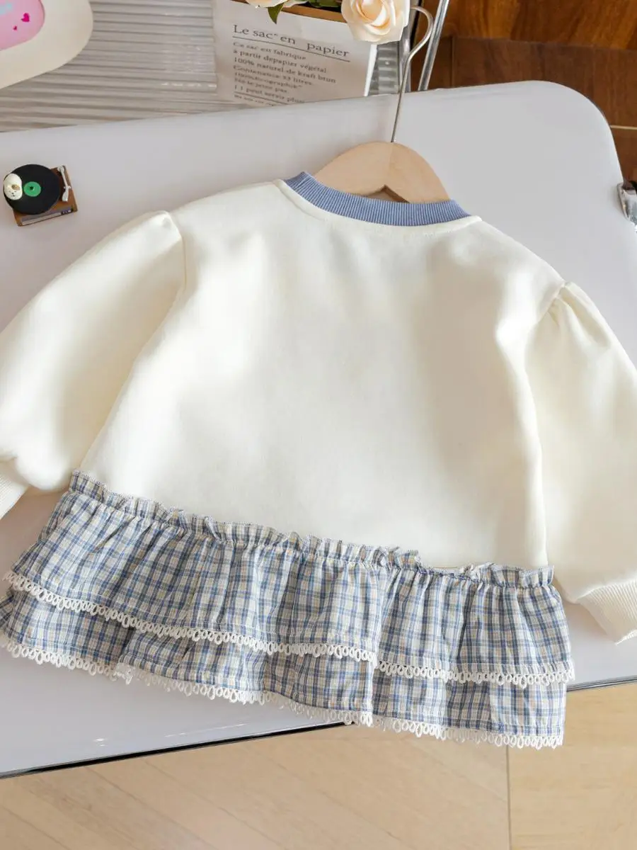 Conjunto de Ropa para Niñas con Sudadera Bordada de Dibujos Animados y Falda con Dobladillo de Encaje Floral para Primavera/Verano