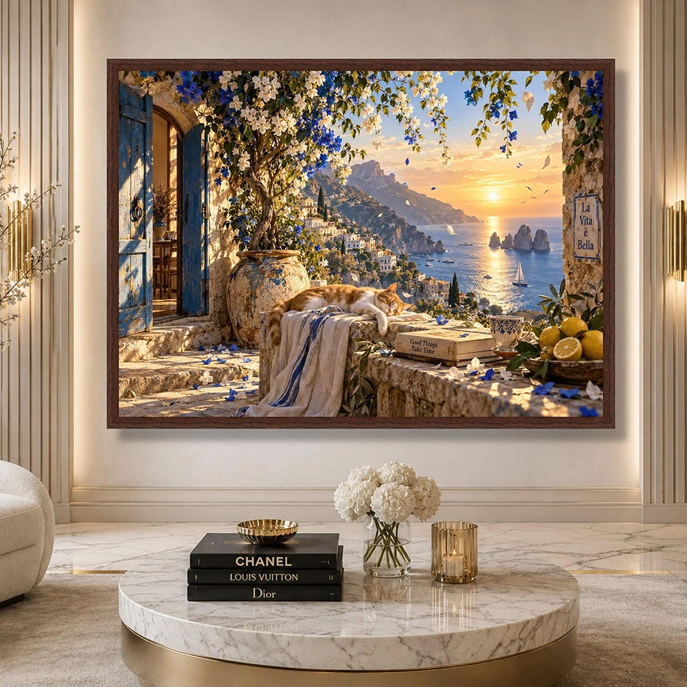 Tranquil Mediterranean Terrace, Sunset Coastal View Canvas, Relaxing Cat Scene, Floral Garden Wall Art, Canvas Print Poster, No