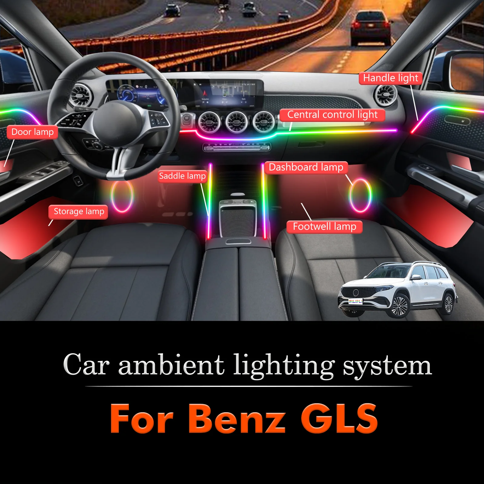 

For Benz GLS Car Interior Decorative Ambient Light RGB 64-Color LED Smart Remote Control Energy Saving Kit