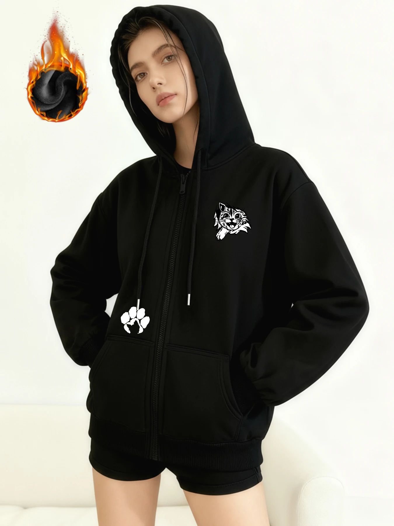 Winter Y2k gotische print dik zwaar fluweel zwart capuchon ritsjack slank temperament damesjas casual luie woon-werkstijl