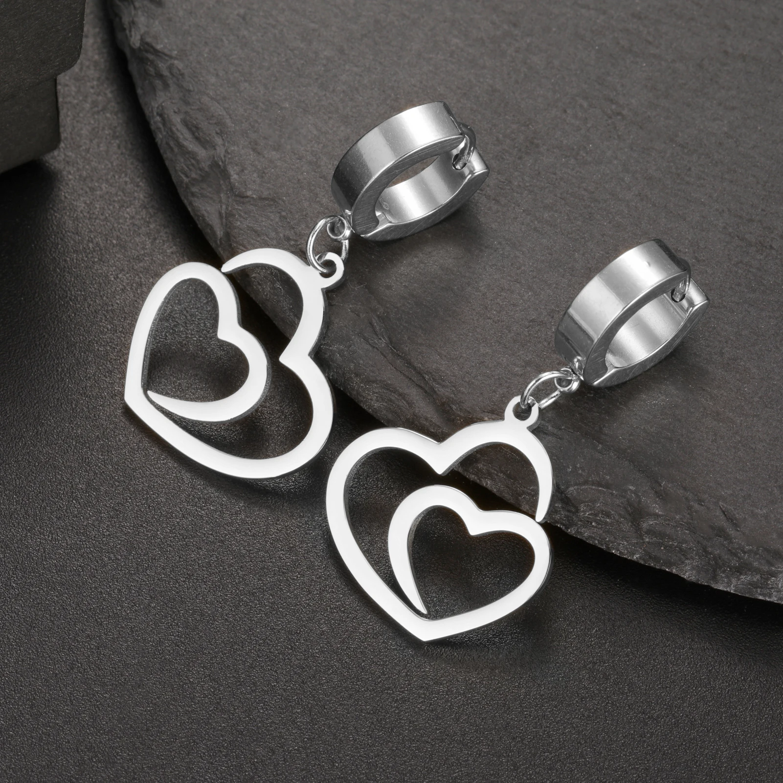 COOLTIME Double Love Heart Drop Earrings for Women Stainless Steel ﻿Gold Color Fashion Wedding Earrings Jewelry Pretty Gift