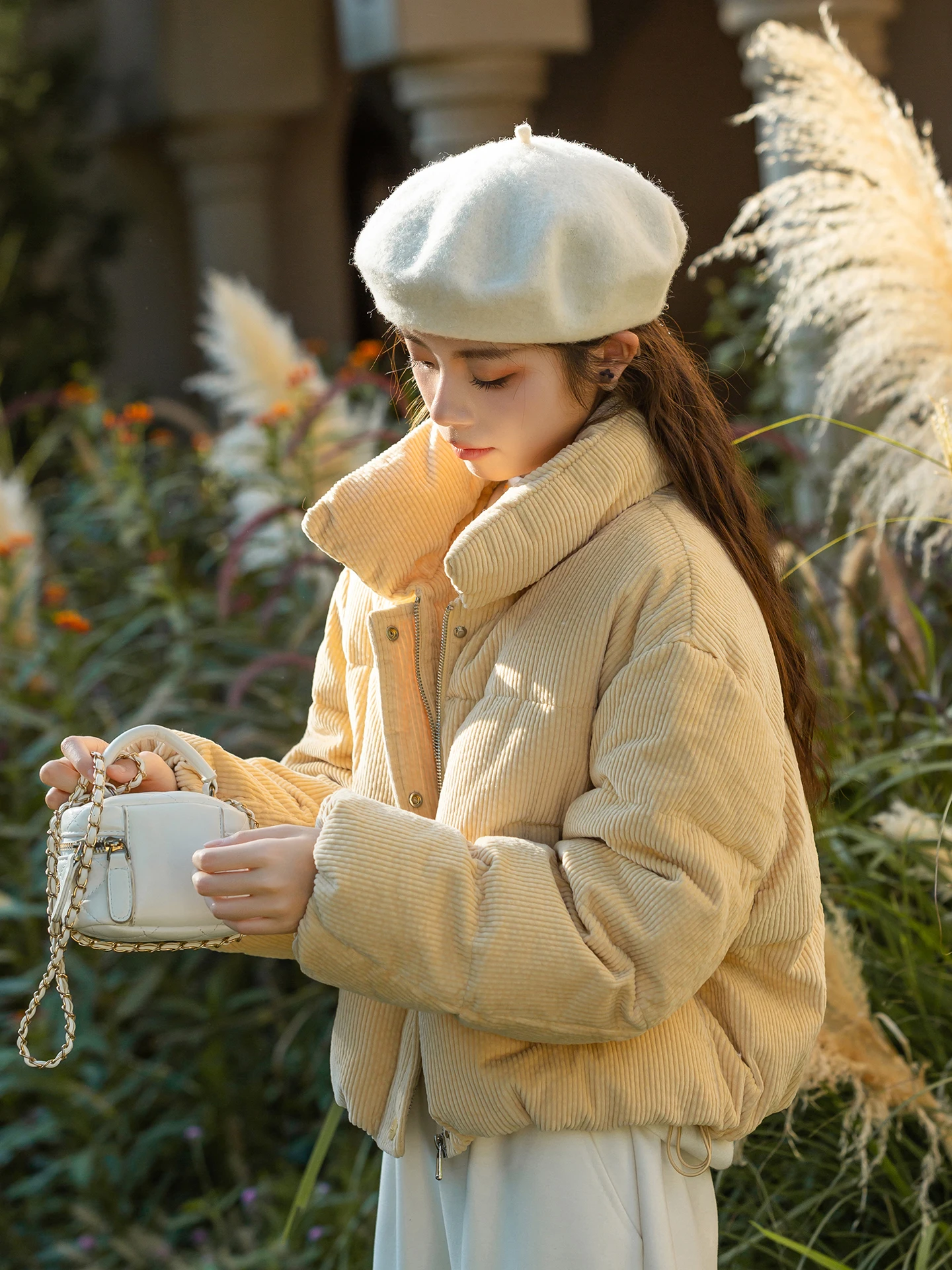 

Korean Sle ort Quilted Jaet Women's Color Left Bank Winter New Arrival Corduroy Stand Collar down Coat Coat