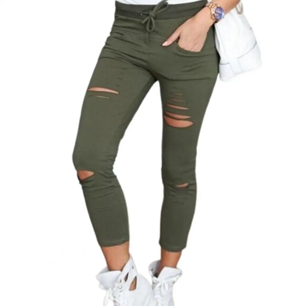 

2024 Cargo Pants Women Fashion Slim High Waisted Stretchy Skinny Broken Hole Pencil Pants Solid Color Streetwear Trousers Womens