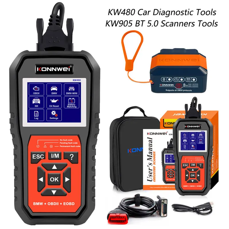 KONNWEI KW480 Obd2 Scanner ForBMW Cars OBD 2 ABS Airbag SRS Oil Reset Full Systems Auto Diagnostic Tools + KW905 Code Readers
